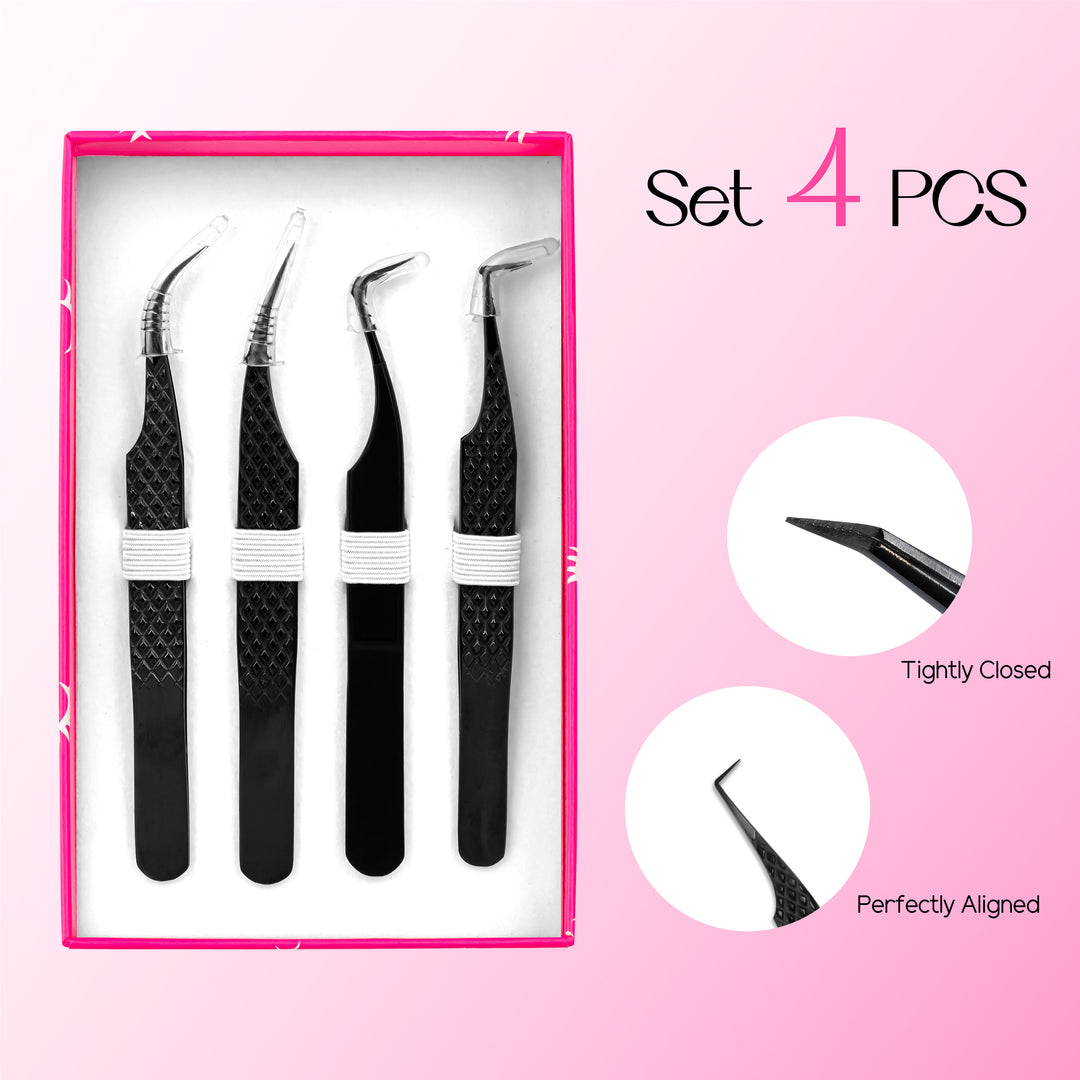 Black Professional Eyelash Extensions Tweezers Kit